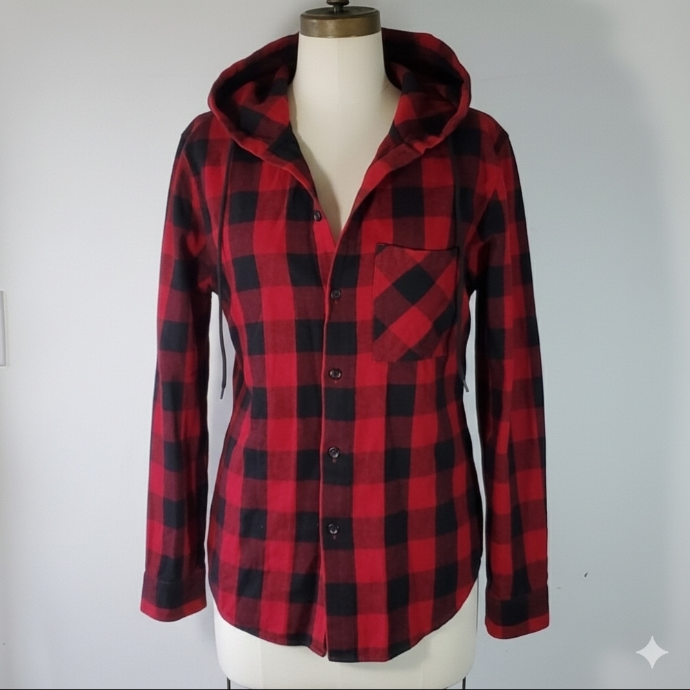 Original Use Size M Flannel Buffalo Plaid Red Black Button Down Long Sleeve Hood